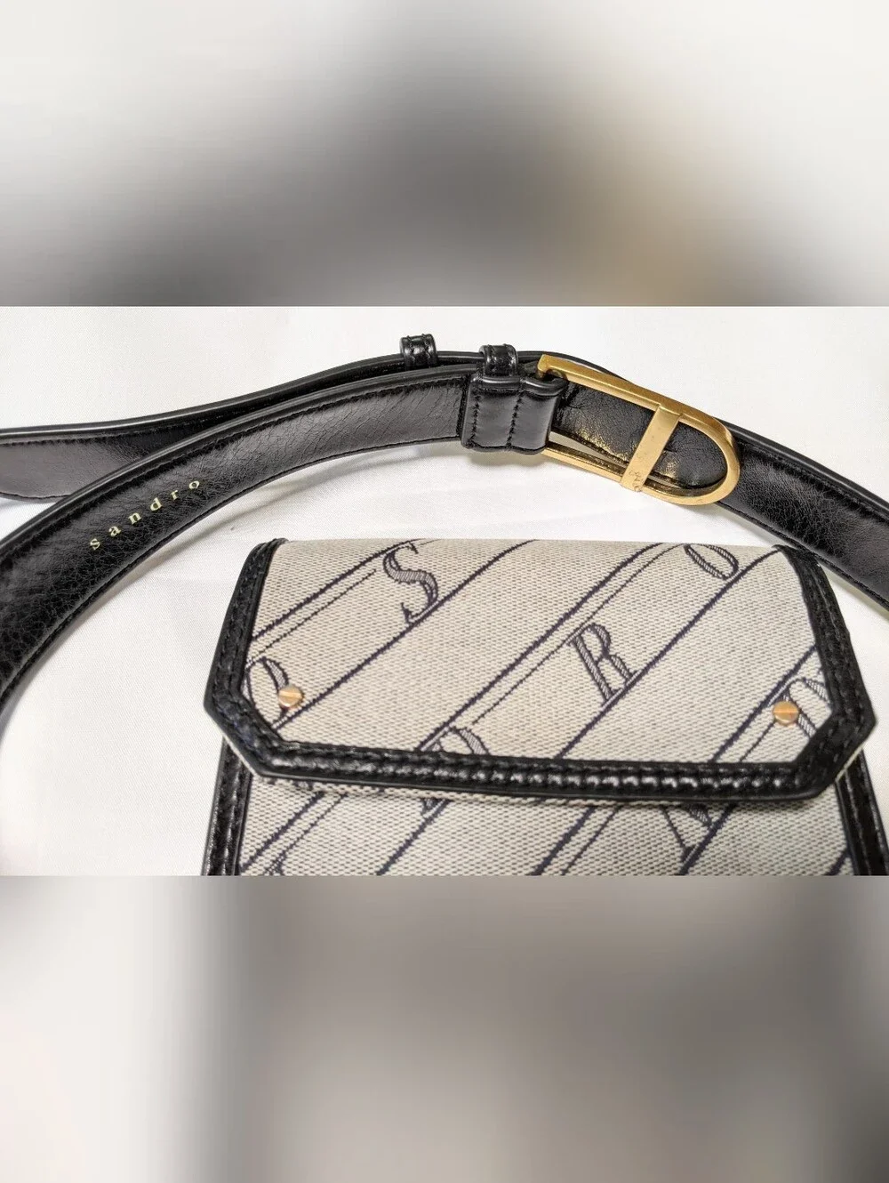 Luxury Sandro Paris Belt Wallet Bag OZ cow leather Belt Textile Gray Black Gold